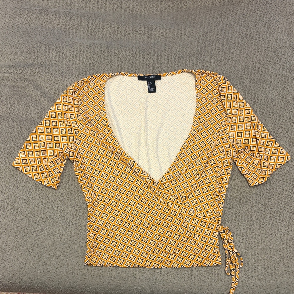 Forever 21 Mustard Diamond Print Wrap Blouse